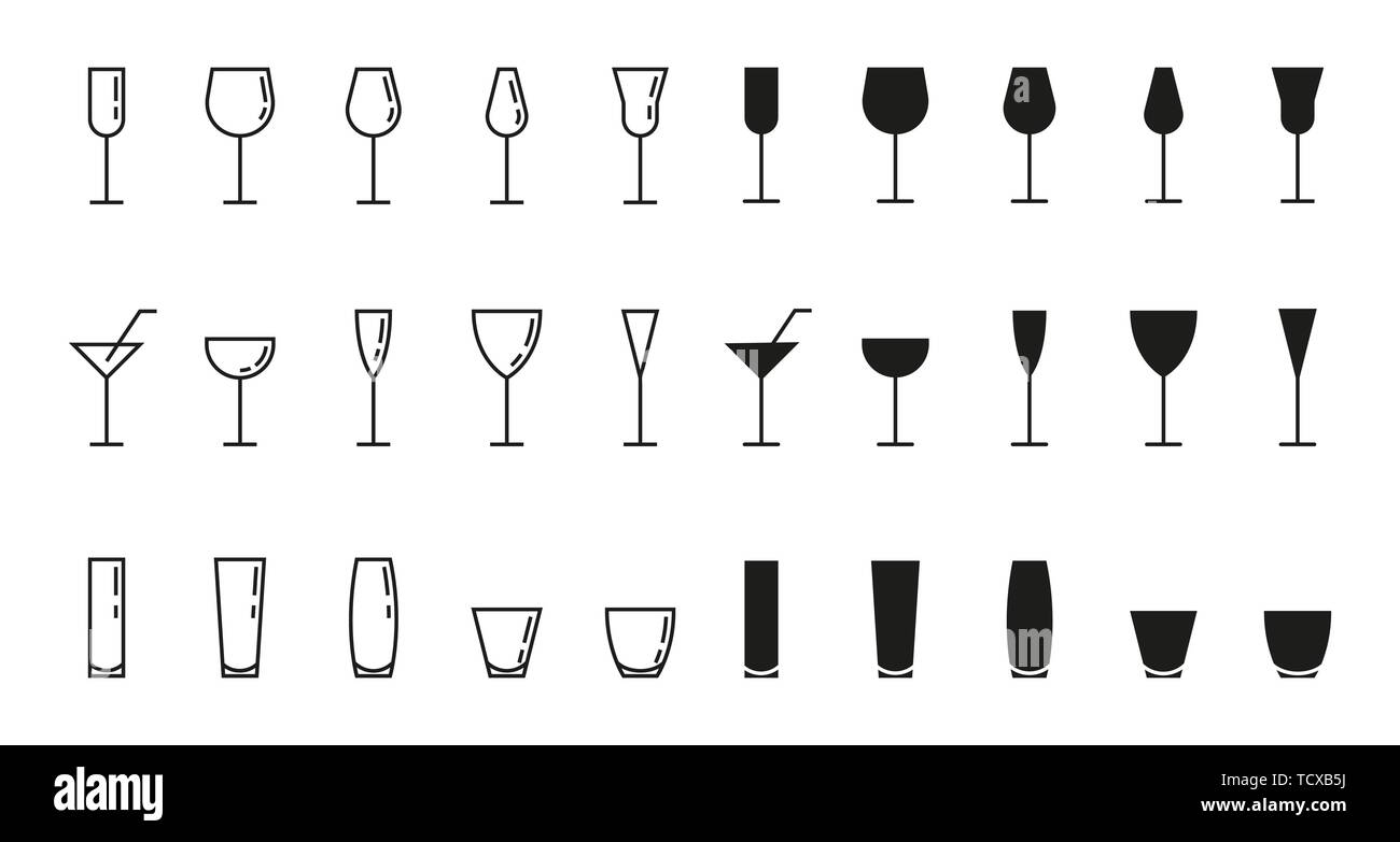 Bar bicchieri vettore set di icone, linea sottile Illustrazione Vettoriale