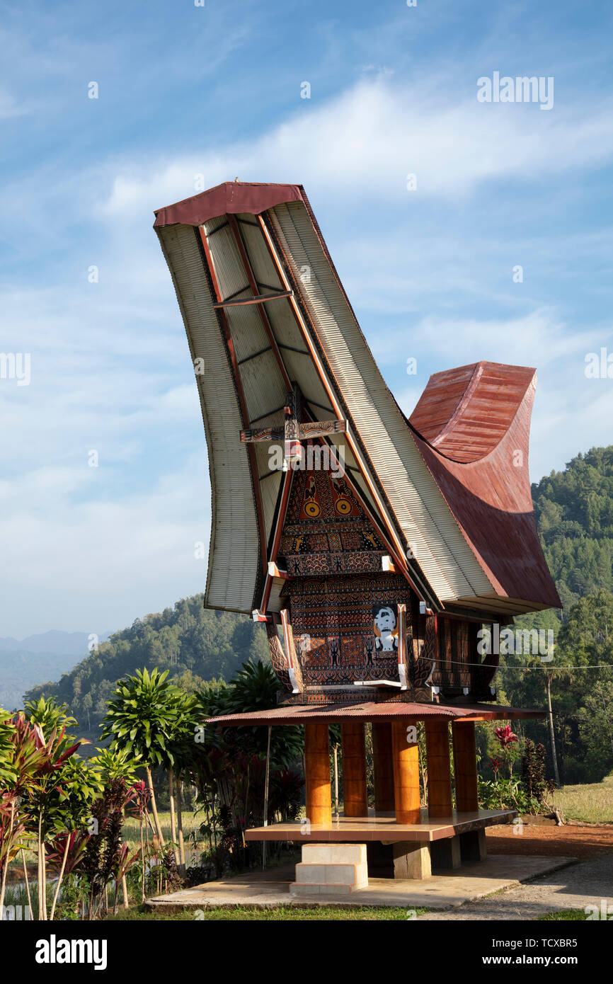 Un tradizionale Torajan Tongkonan casa lunga Tana Toraja, Sulawesi, Indonesia, Asia sud-orientale, Asia Foto Stock