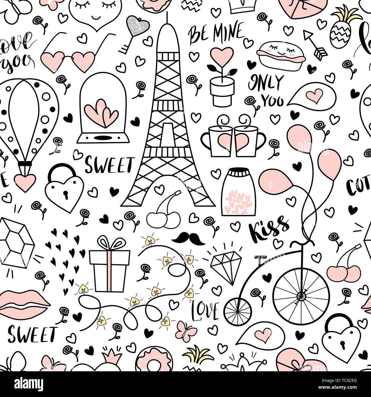 Modello senza cuciture con mano oggetti disegnati per il giorno di San Valentino. Parigi. Simboli di amore. Illustrazione Vettoriale