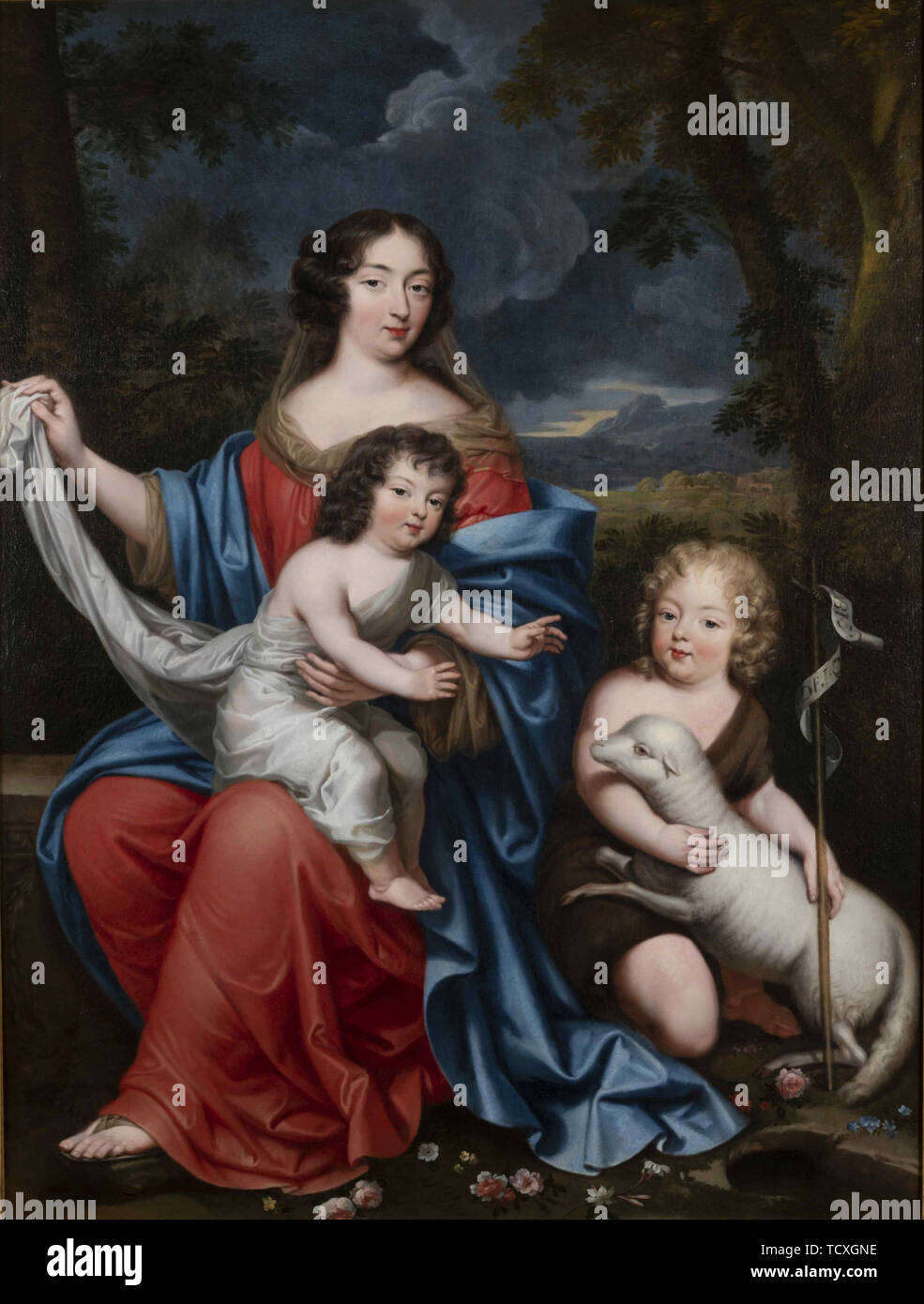 Ritratto di Madame de Maintenon (1635-1719), con i figli naturali di Luigi XIV, del XVII secolo. Creatore: Mignard, Pierre (1612-1695). Foto Stock