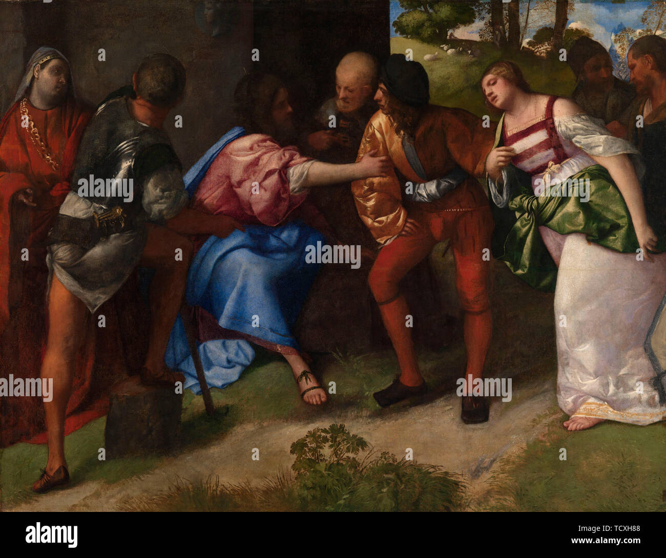 Cristo e la donna presa in adulterio. Creatore: Tiziano (1488-1576). Foto Stock