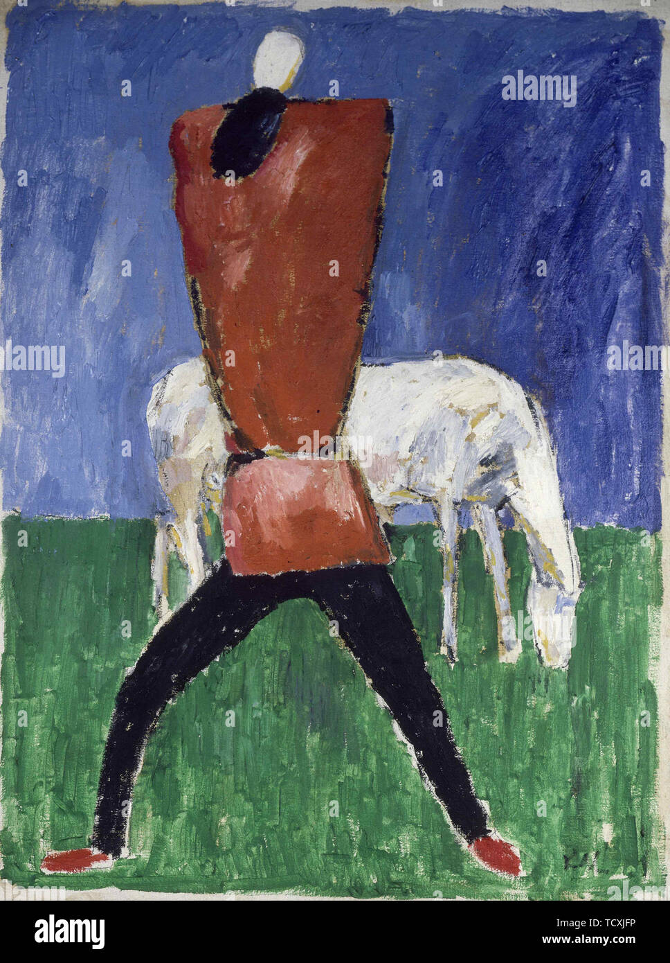 Il Cavallo Bianco (uomo e cavallo), 1930-1931. Creatore: Malevich, Kasimir Severinovich (1878-1935). Foto Stock