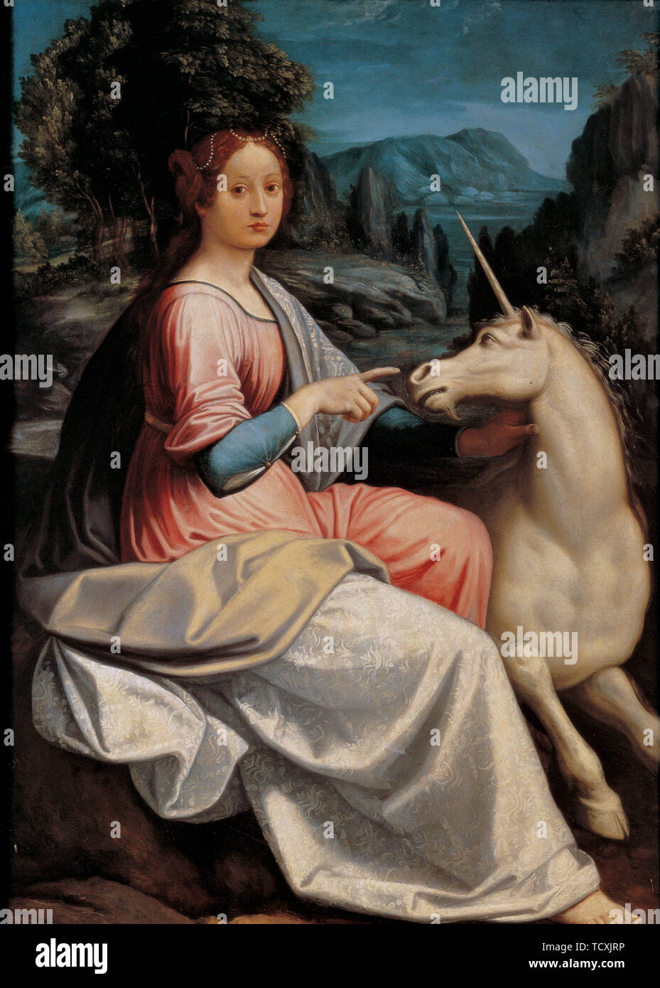 Lady e Unicorno, 1534-1540. Creatore: Longhi, Luca (1507-1580). Foto Stock