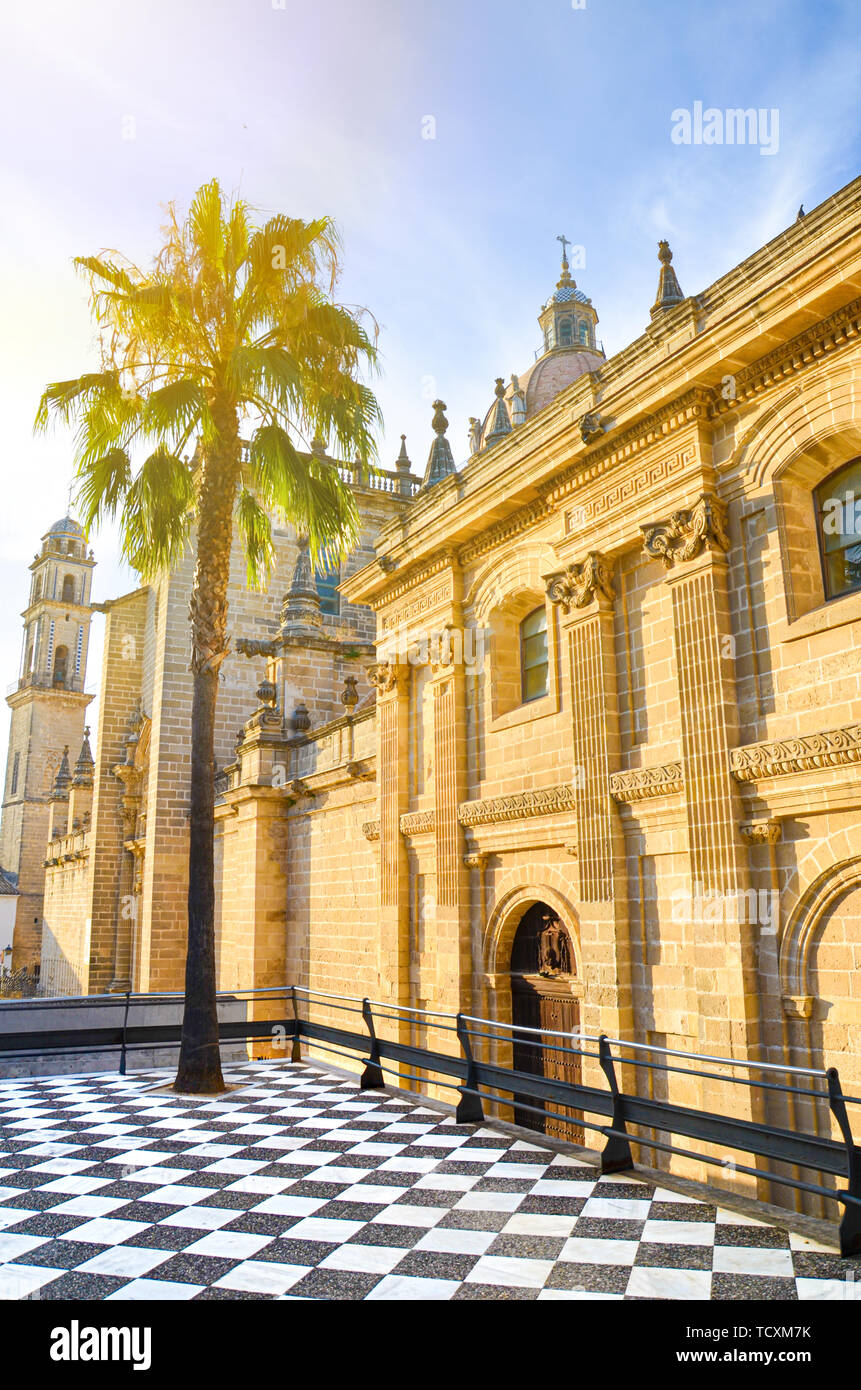 Incredibile Cattedrale di Jerez de la Frontera in Andalusia, Spagna fotografato con un unico albero di palma in una luce del tramonto. Popolare meta turistica. Estate vibes, estate Concetto di vacanza. Foto Stock