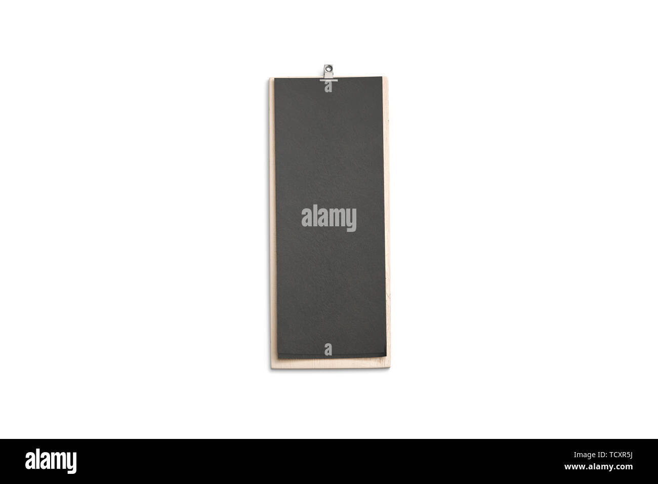 Nero Bianco cafe menu, pannello di legno mockup e 4 pollici, vista dall'alto, rendering 3d. Vuoto negli appunti in legno scuro con foglio di carta mock up isolato. Resta chiaro Foto Stock