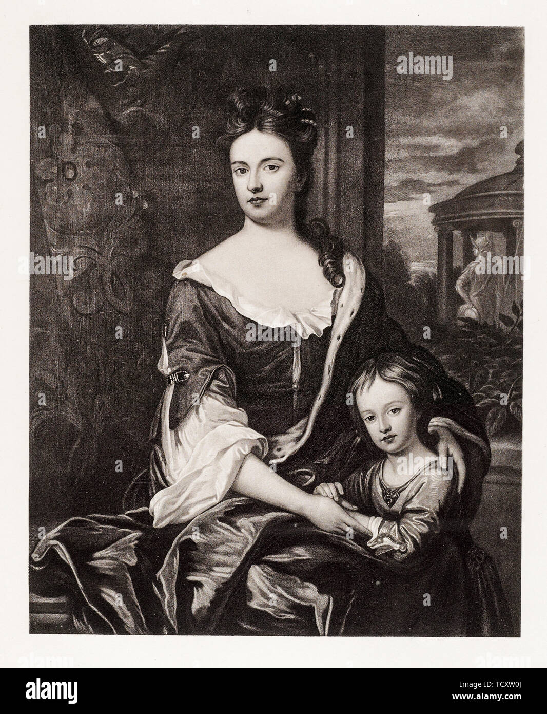 Giacobita Broside, Ritratto della regina Anna, 1665-1714, con suo figlio Guglielmo Duca di Gloucester, incisione ritratto, 1715 Foto Stock