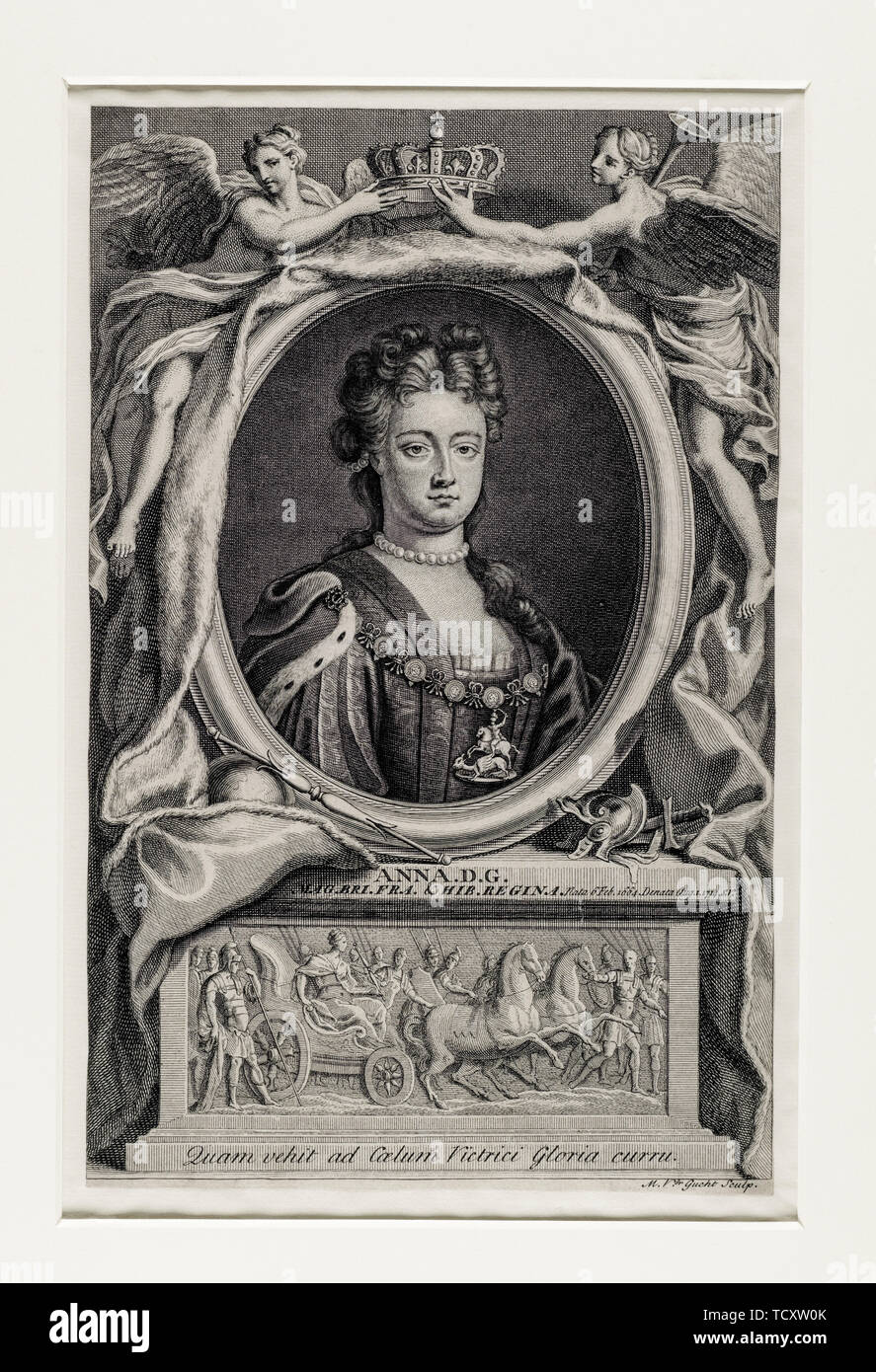 Anonimo artista, Giacobita costeggiata, Queen Anne, 1665- 1714, regnò 1702-1714, ritratto incisione, 1715 Foto Stock