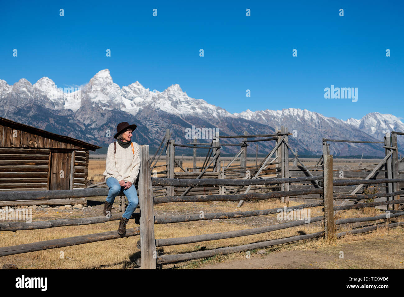 Riga mormone e Teton Range, il Parco Nazionale del Grand Teton, Wyoming negli Stati Uniti d'America, America del Nord Foto Stock