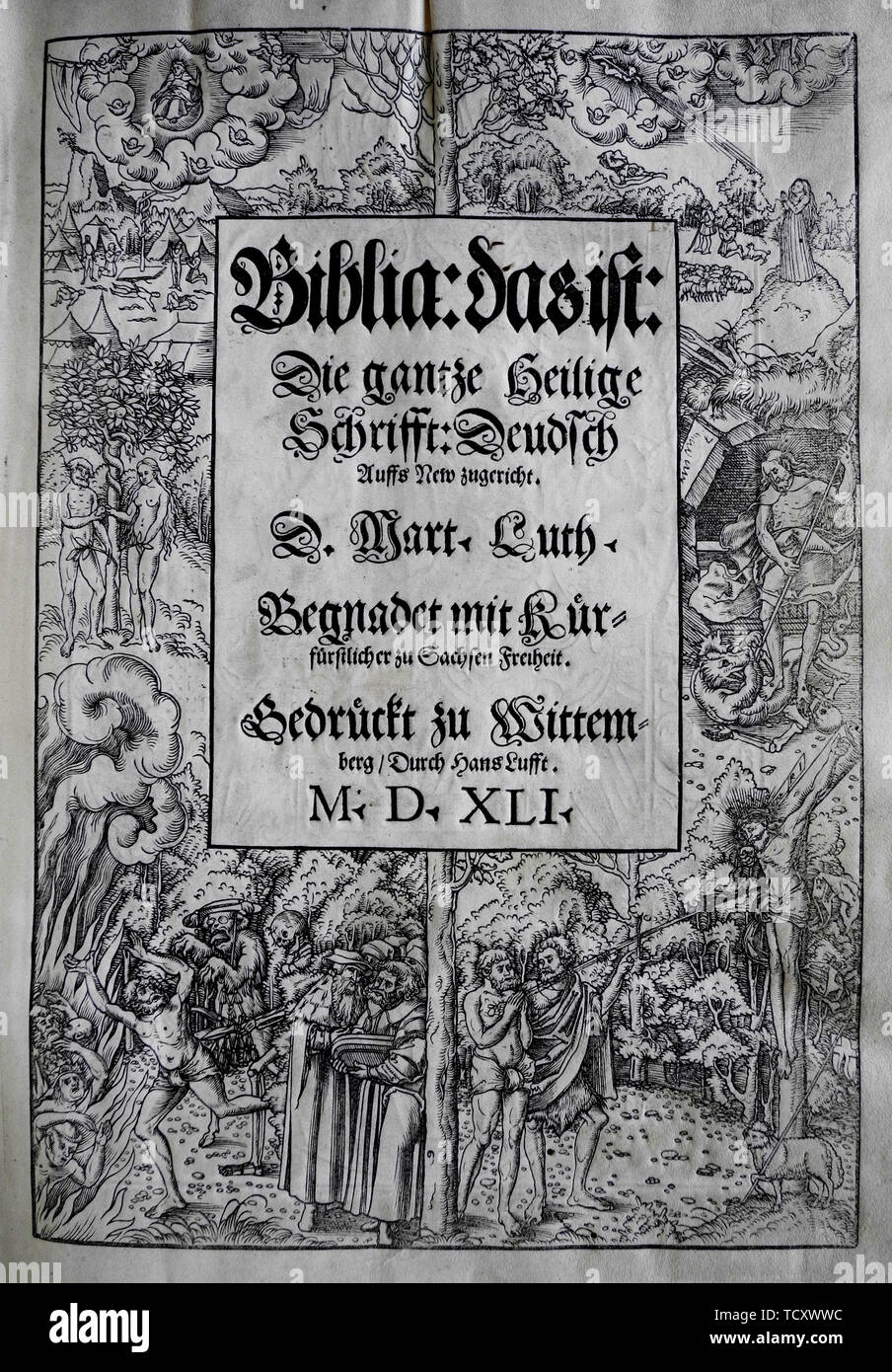 Design di copertura "Biblia" da Martin Lutero, 1541. Creatore: Cranach, Lucas, il Giovane (1515-1586). Foto Stock