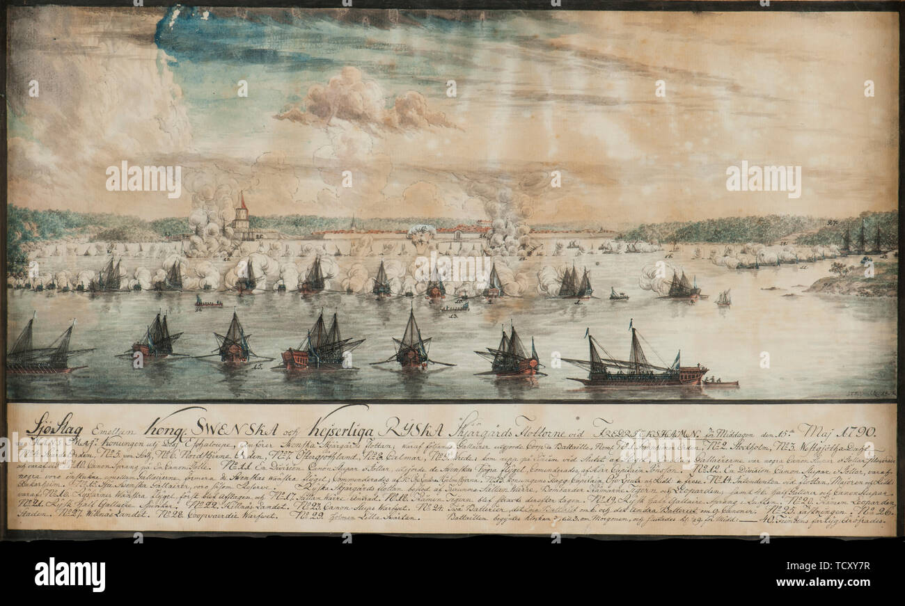 La battaglia di Fredrikshamn nel maggio 1790, 1791. Creatore: Schoultz, Johan Tietrich (1754-1807). Foto Stock