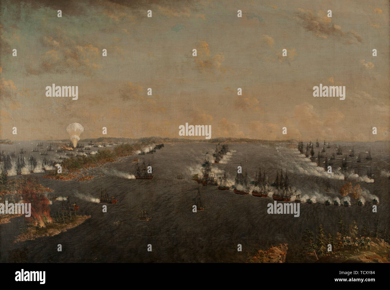 Primo Russo-Swedish Battaglia di Rochensalm su agosto 24, 1789, c. 1790. Creatore: Schoultz, Johan Tietrich (1754-1807). Foto Stock