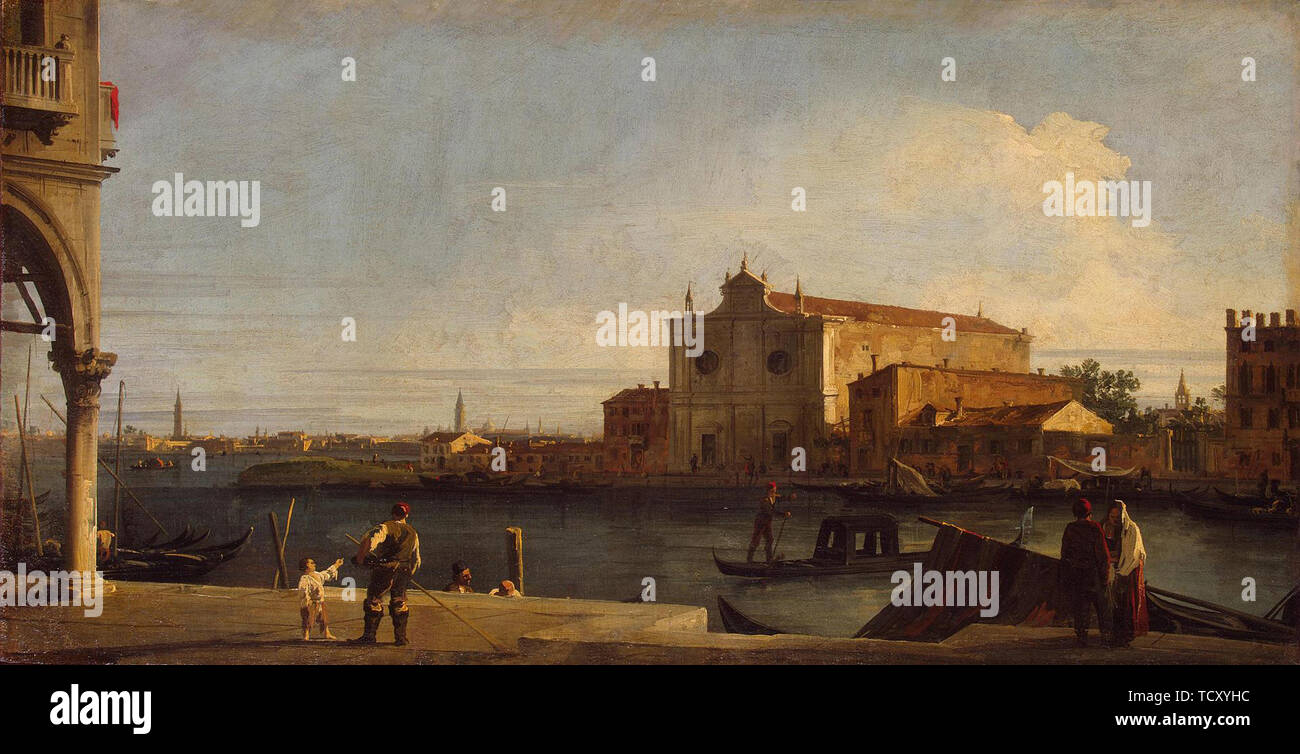 Veduta della chiesa di San Giovanni dei Battuti su l'isola di Murano, tra il 1725 e il 1728. Creatore: Canaletto (1697-1768). Foto Stock