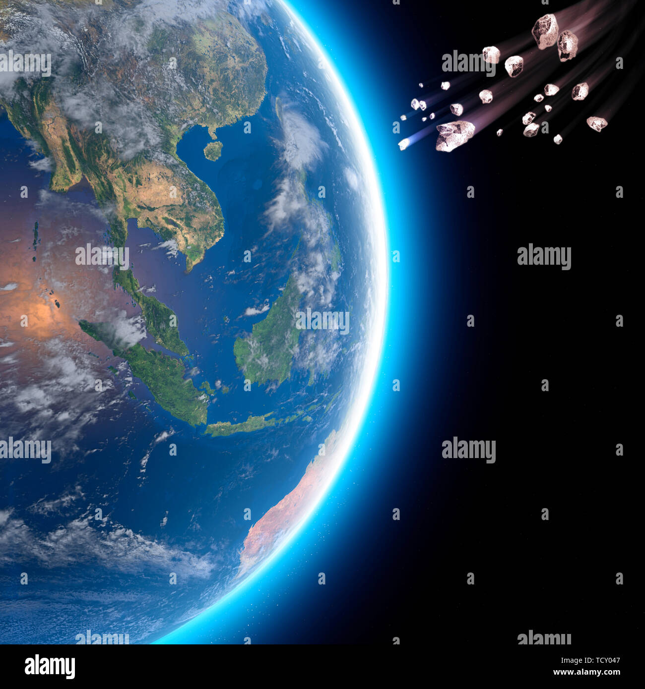 Meteoriti, Asteroidi Comete star, frammenti di roccia e ghiaccio che rompere nell'atmosfera terrestre. Vista satellitare del mondo, il Sud Est Asiatico. Foto Stock