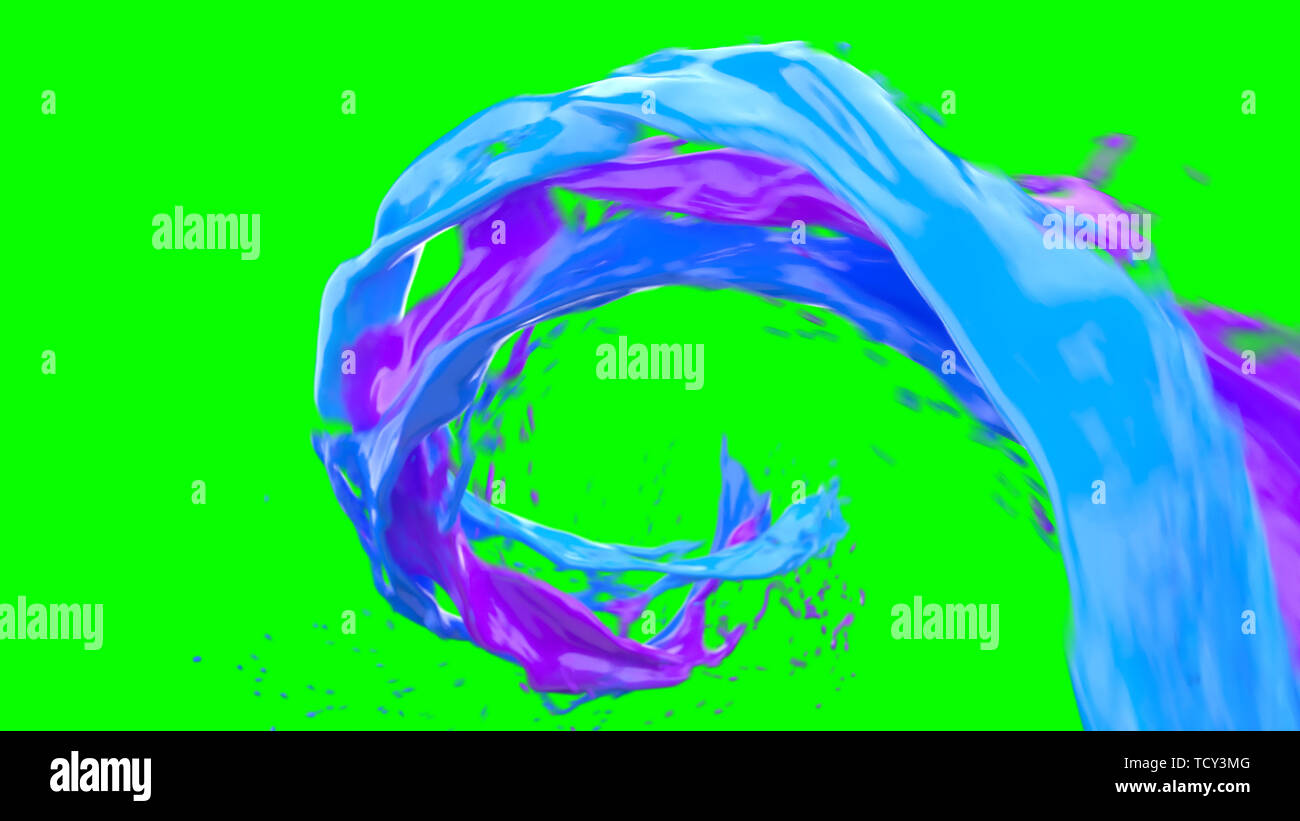 Abstract luminoso liquido colorato flusso a vortice con spruzzi. Ondulazione superficie di acqua vicino la moto con bolle di aria isolata su chroma key. 4K 3D illustr Foto Stock