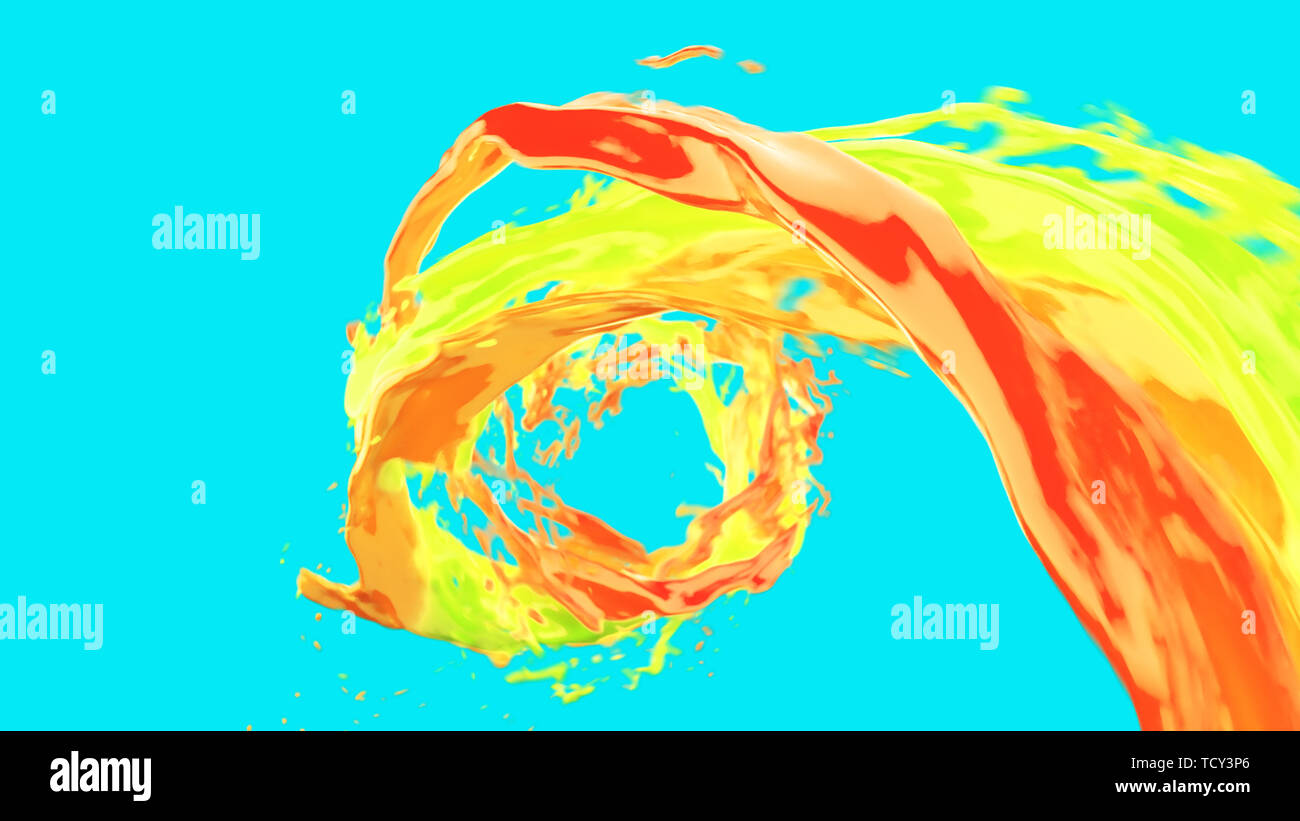 Abstract luminoso liquido colorato flusso a vortice con spruzzi. Ondulazione superficie di acqua vicino la moto con bolle di aria isolata su chroma key. 4K 3D illustr Foto Stock