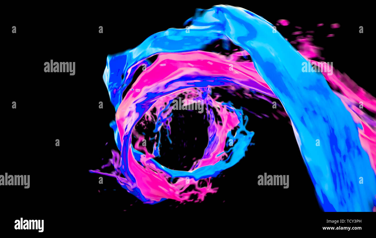 Abstract luminoso liquido colorato flusso a vortice con spruzzi. Ondulazione superficie di acqua vicino la moto con bolle di aria isolata su sfondo scuro. 4K 3D il Foto Stock