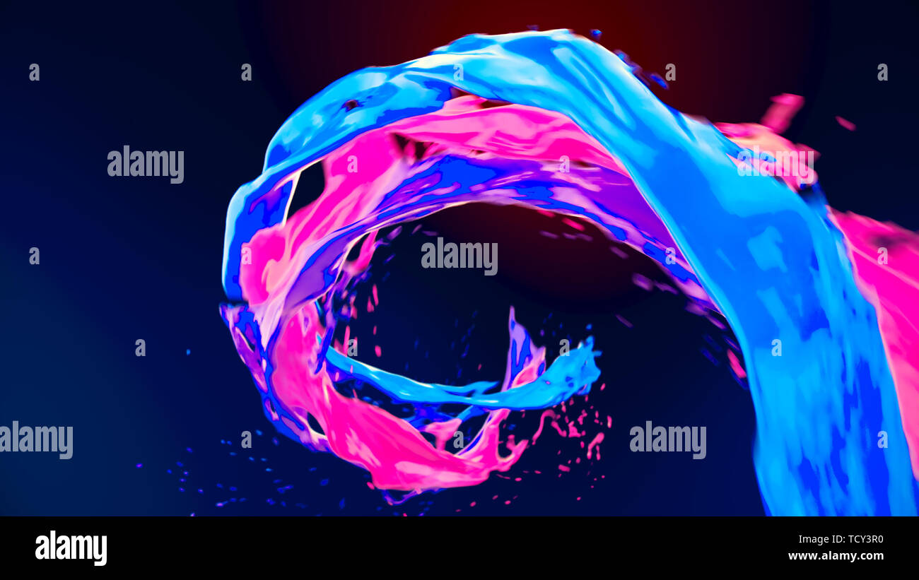 Abstract luminoso liquido colorato flusso a vortice con spruzzi. Ondulazione superficie di acqua vicino la moto con bolle di aria isolata su sfondo scuro. 4K 3D il Foto Stock