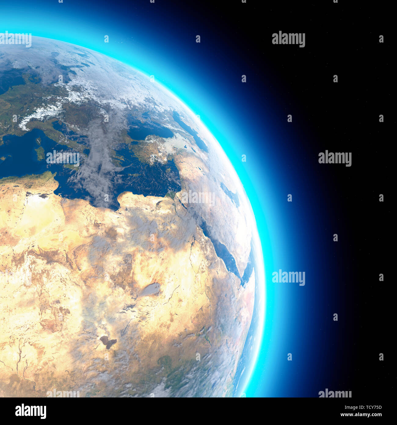 Cartina Fisica del mondo, vista satellitare del Nord e in Africa centrale. L'Europa. Globo. Emisfero. Rilievi e oceani. Il rendering 3D Foto Stock