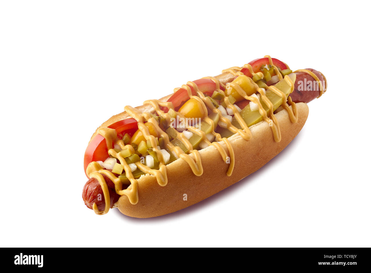 Gustosa e succosa hot dog su sfondo bianco Foto Stock