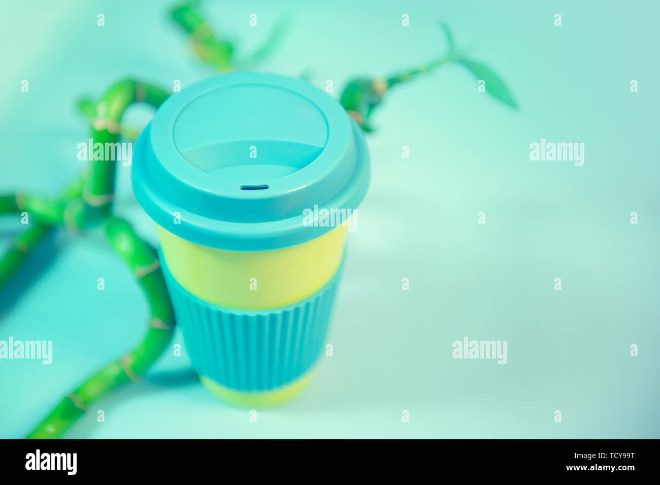 Rifiuti Zero concetto. Elegante eco riutilizzabile con tazza di caffè verde e foglie di bambù. Foto Stock