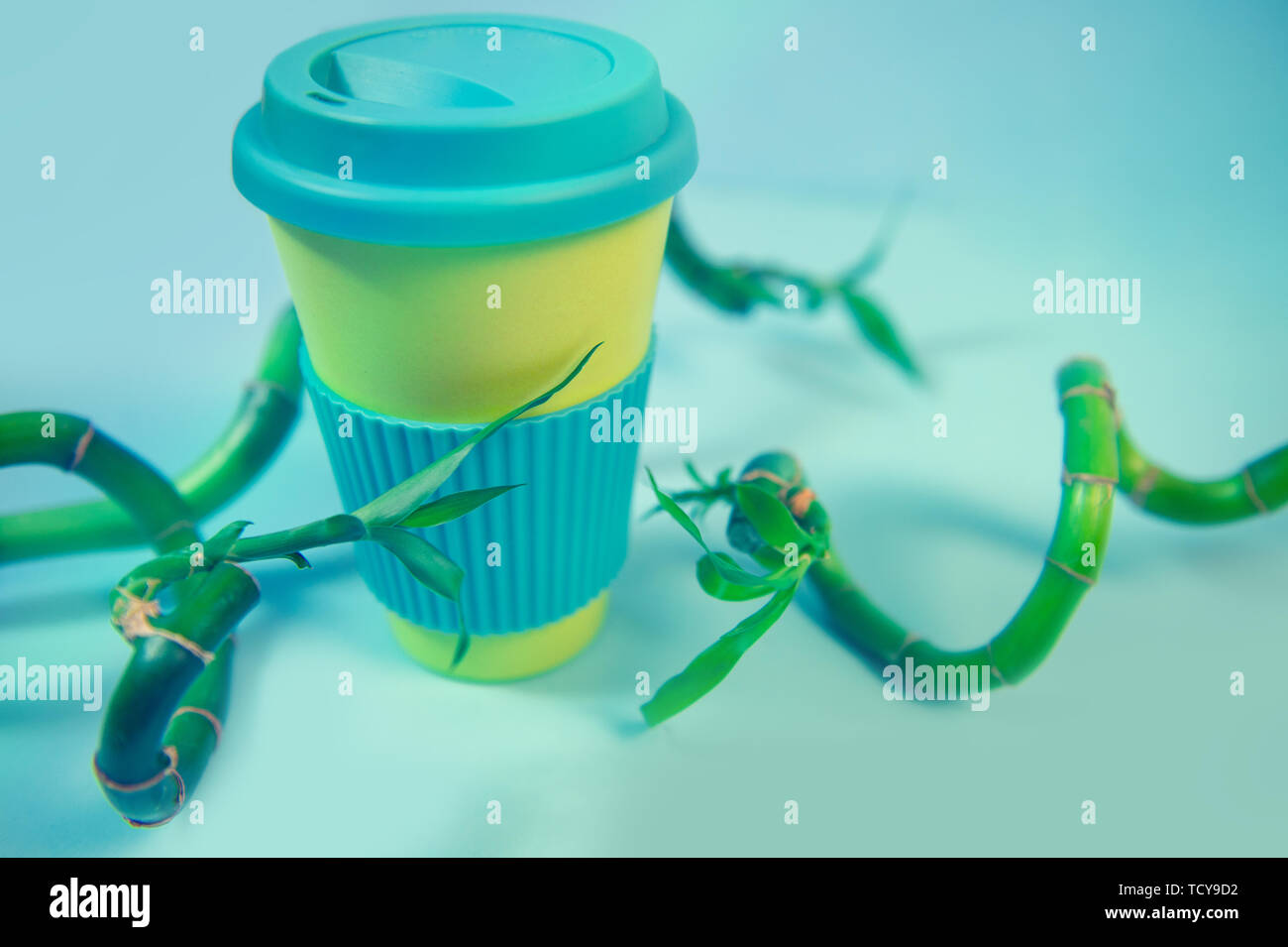 Rifiuti Zero concetto. Elegante eco riutilizzabile con tazza di caffè verde e foglie di bambù. Foto Stock