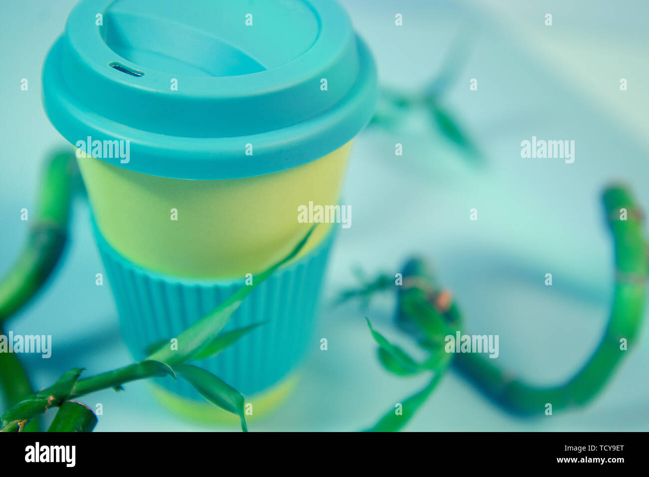 Rifiuti Zero concetto. Elegante eco riutilizzabile con tazza di caffè verde e foglie di bambù. Foto Stock