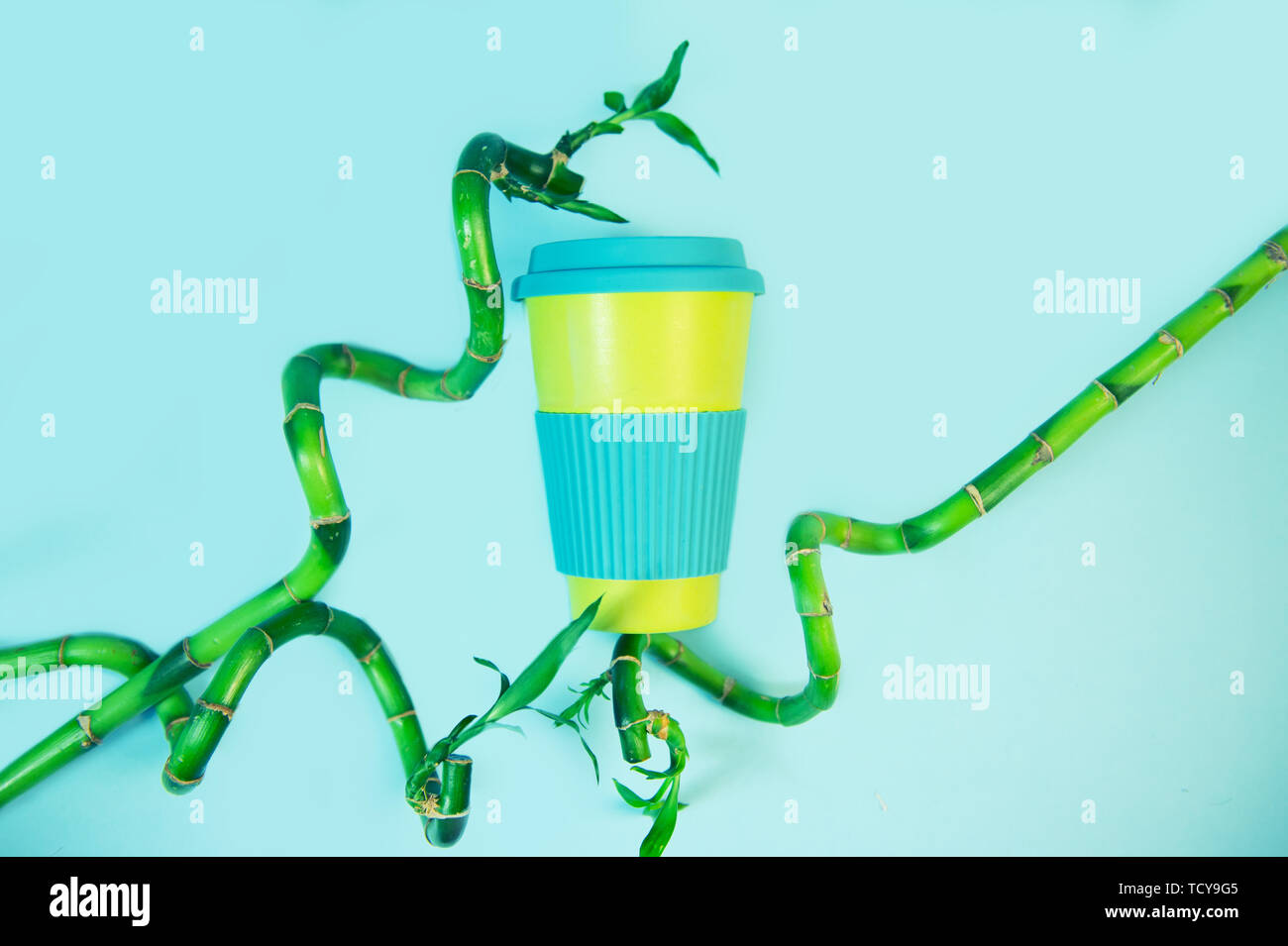 Rifiuti Zero concetto. Elegante eco riutilizzabile con tazza di caffè verde e foglie di bambù. Foto Stock