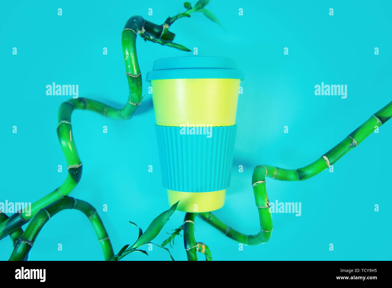 Rifiuti Zero concetto. Elegante eco riutilizzabile con tazza di caffè verde e foglie di bambù. Foto Stock