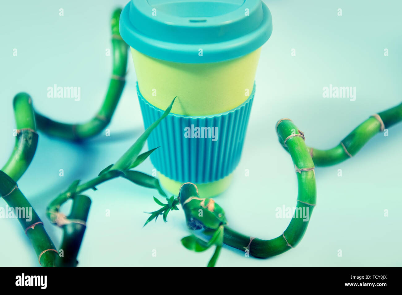 Rifiuti Zero concetto. Elegante eco riutilizzabile con tazza di caffè verde e foglie di bambù. Foto Stock