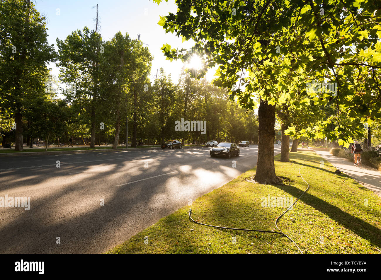 Santiago, Regione Metropolitana, Cile - il traffico nel Parco Forestal presso il centro cittadino con una impostazione sun. Foto Stock