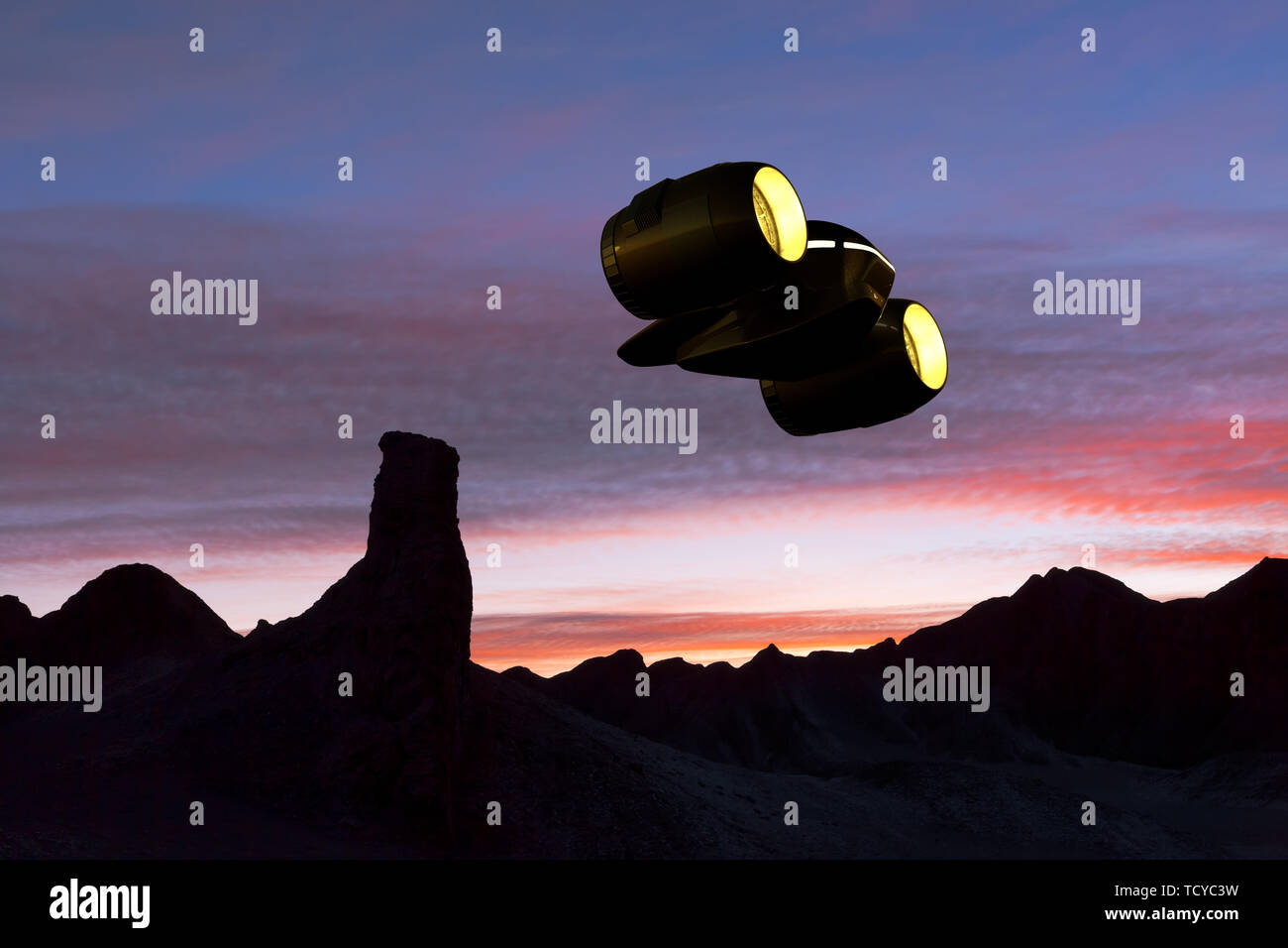 3D rendering di una nave da carico battenti su un pianeta roccioso Foto Stock