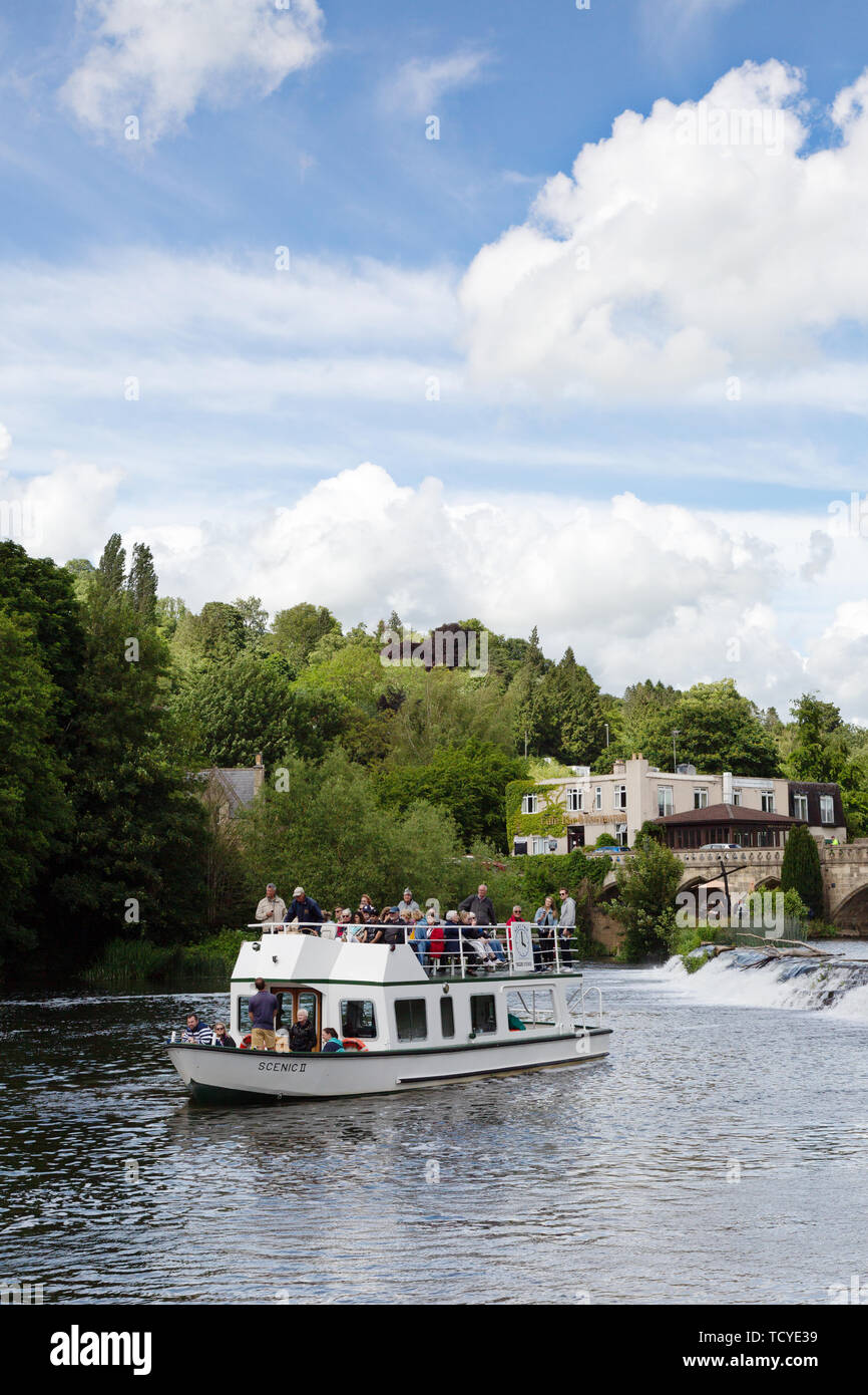 Il fiume Avon a Bathampton Mill, con piacere una barca piena di turisti da bagno su una soleggiata giornata estiva in giugno, Somerset, Inghilterra, Regno Unito Foto Stock