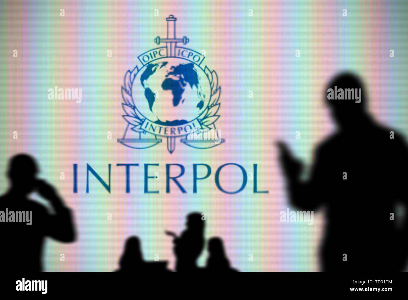 Il logo di Interpol è visto su uno schermo a LED in background mentre si profila una persona utilizza uno smartphone in primo piano (solo uso editoriale) Foto Stock