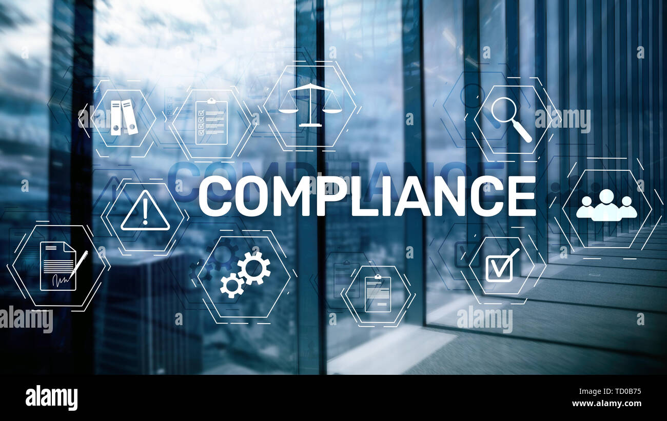 Schema di conformità con le icone. Il concetto di business su sfondo astratto. Foto Stock