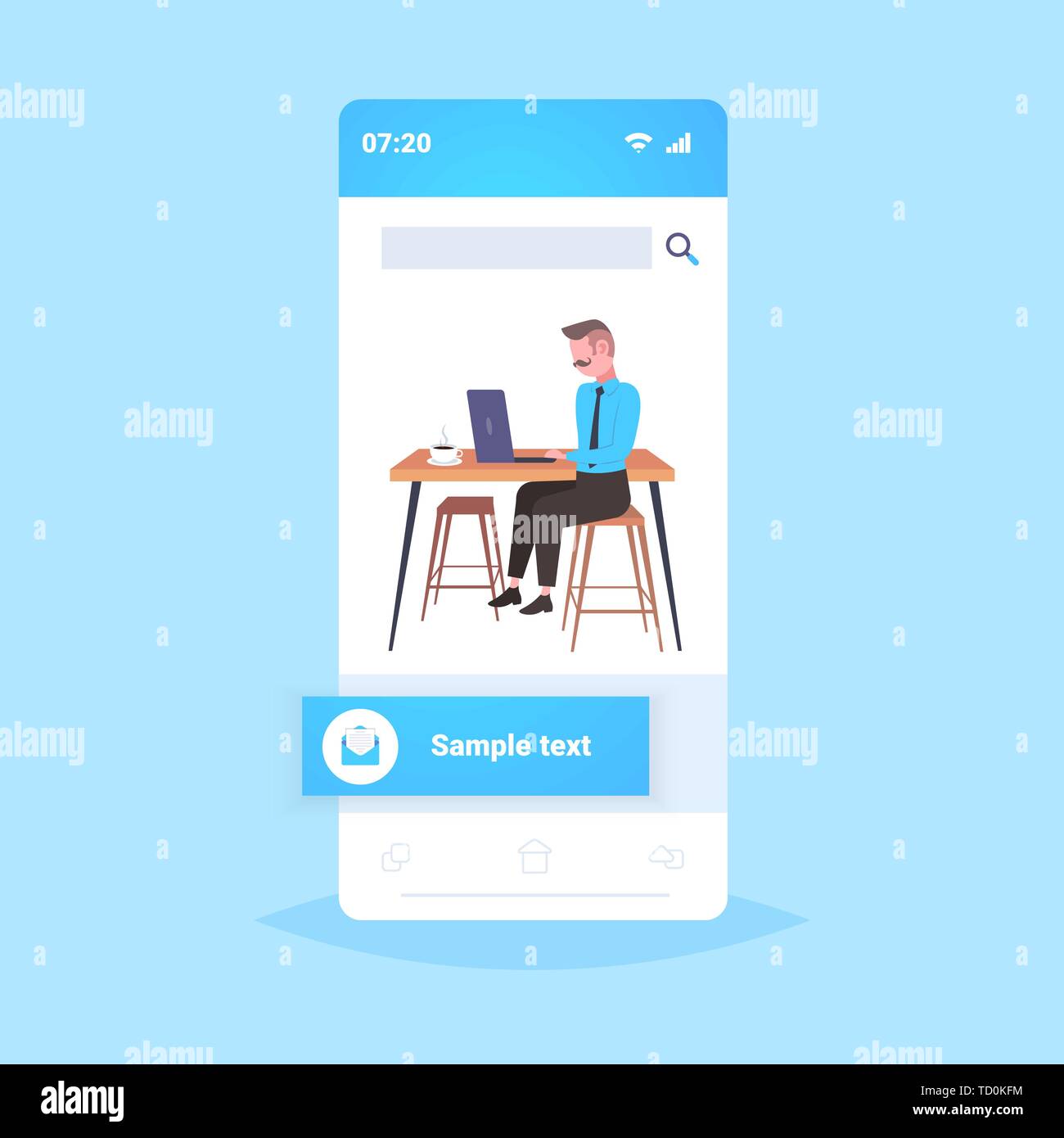 Imprenditore seduto alla scrivania sul posto di lavoro business man utilizzando notebook Processo di lavoro concetto piana di lunghezza completa lo schermo dello smartphone mobile application Illustrazione Vettoriale