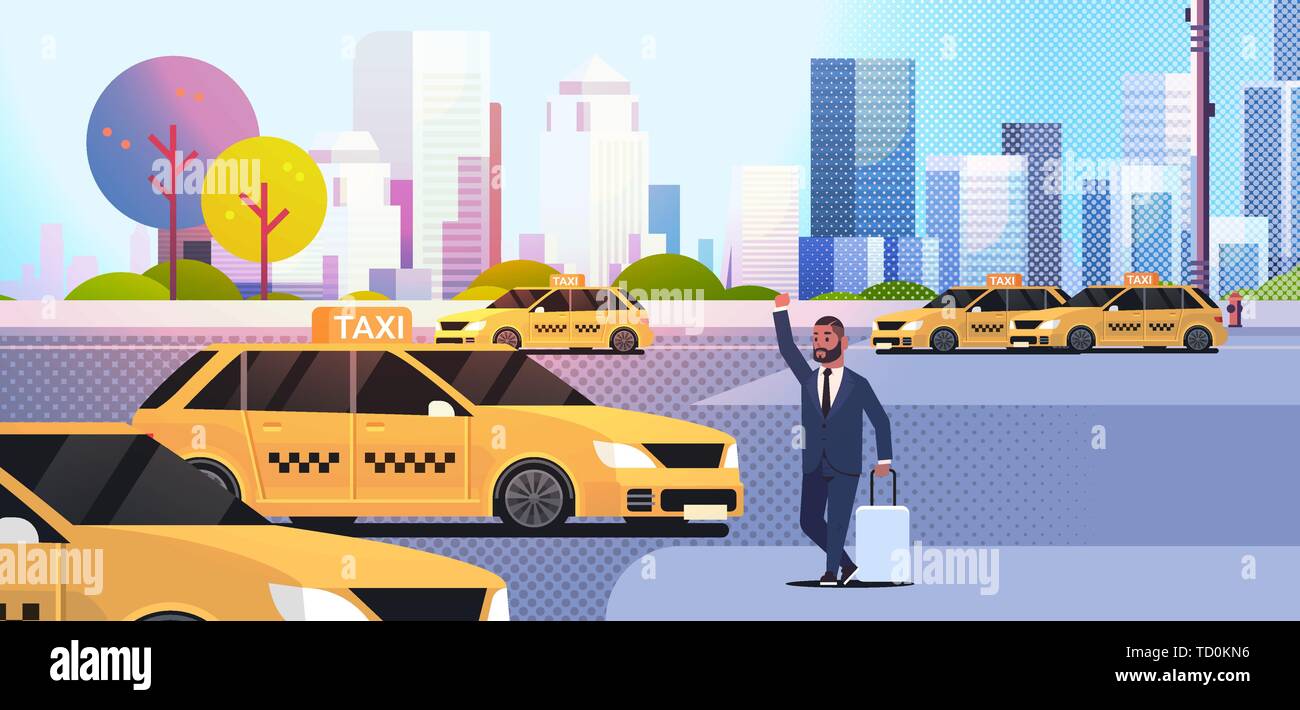 Imprenditore la cattura di taxi sulla strada amerian africana uomo d affari con bagagli arrestando yellow cab city servizio di trasporto concetto cityscape Illustrazione Vettoriale