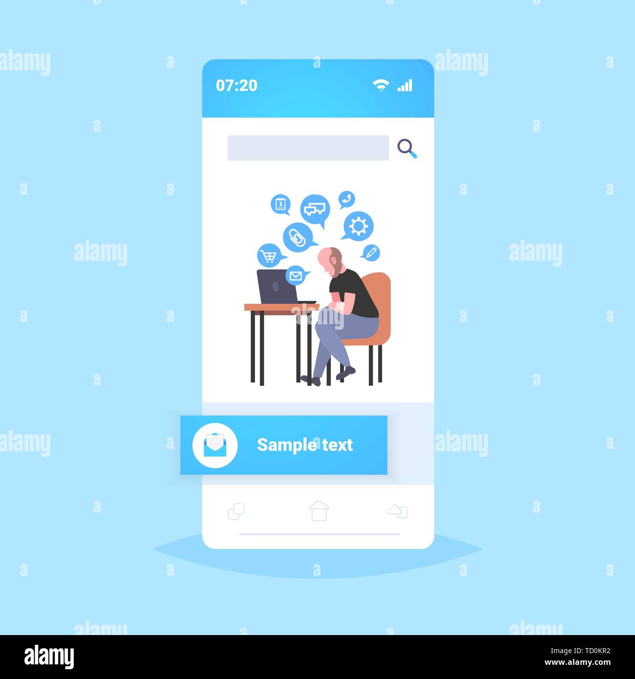 Business uomo seduto workplace imprenditore utilizzando laptop social media network chat online di bolla concetto di comunicazione lo schermo dello smartphone mobile app Illustrazione Vettoriale