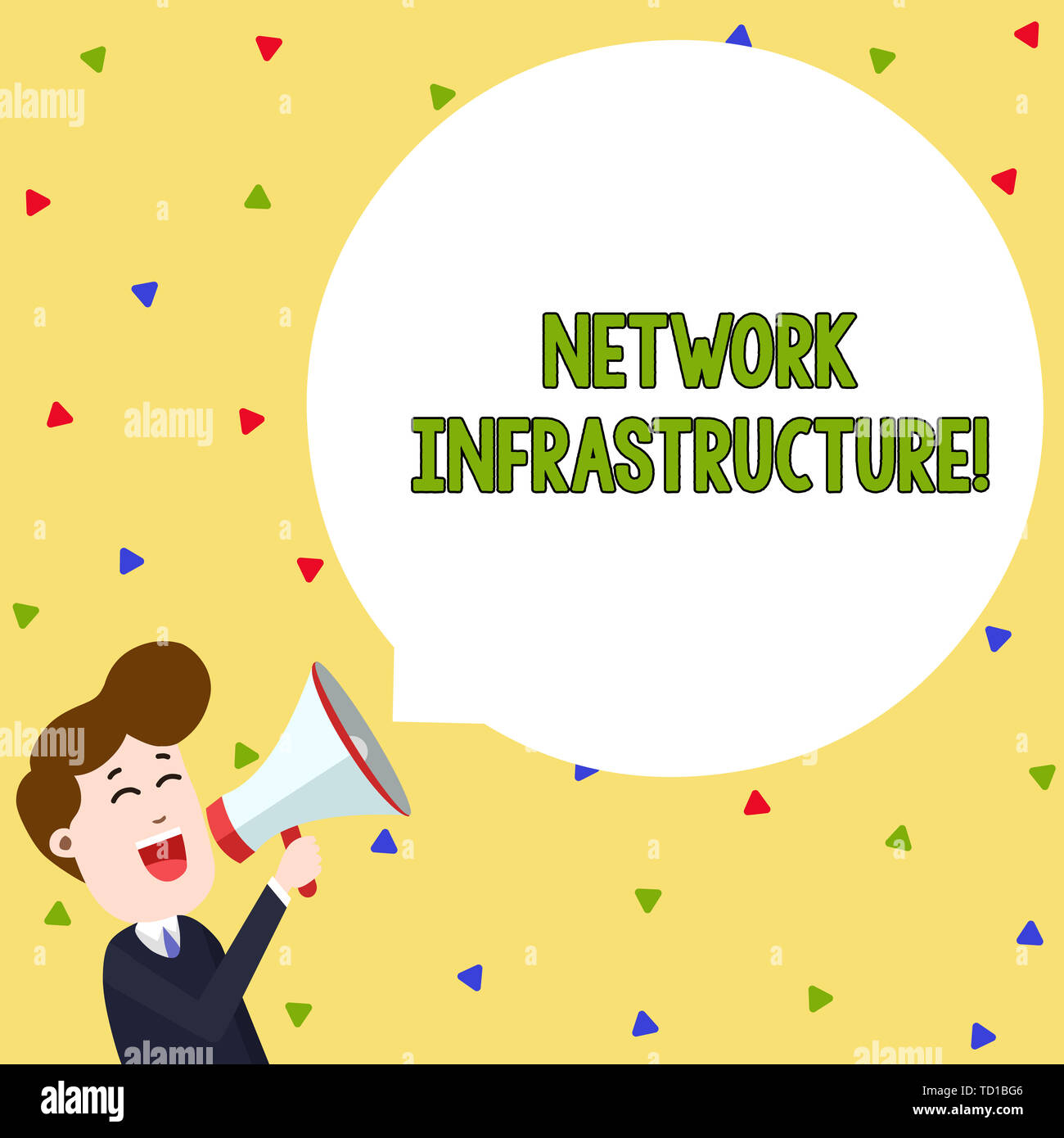 Parola di scrittura di testo dell'infrastruttura di rete. Business photo vetrina per le risorse hardware e software in e fuori connessione giovane uomo grida in Mega Foto Stock