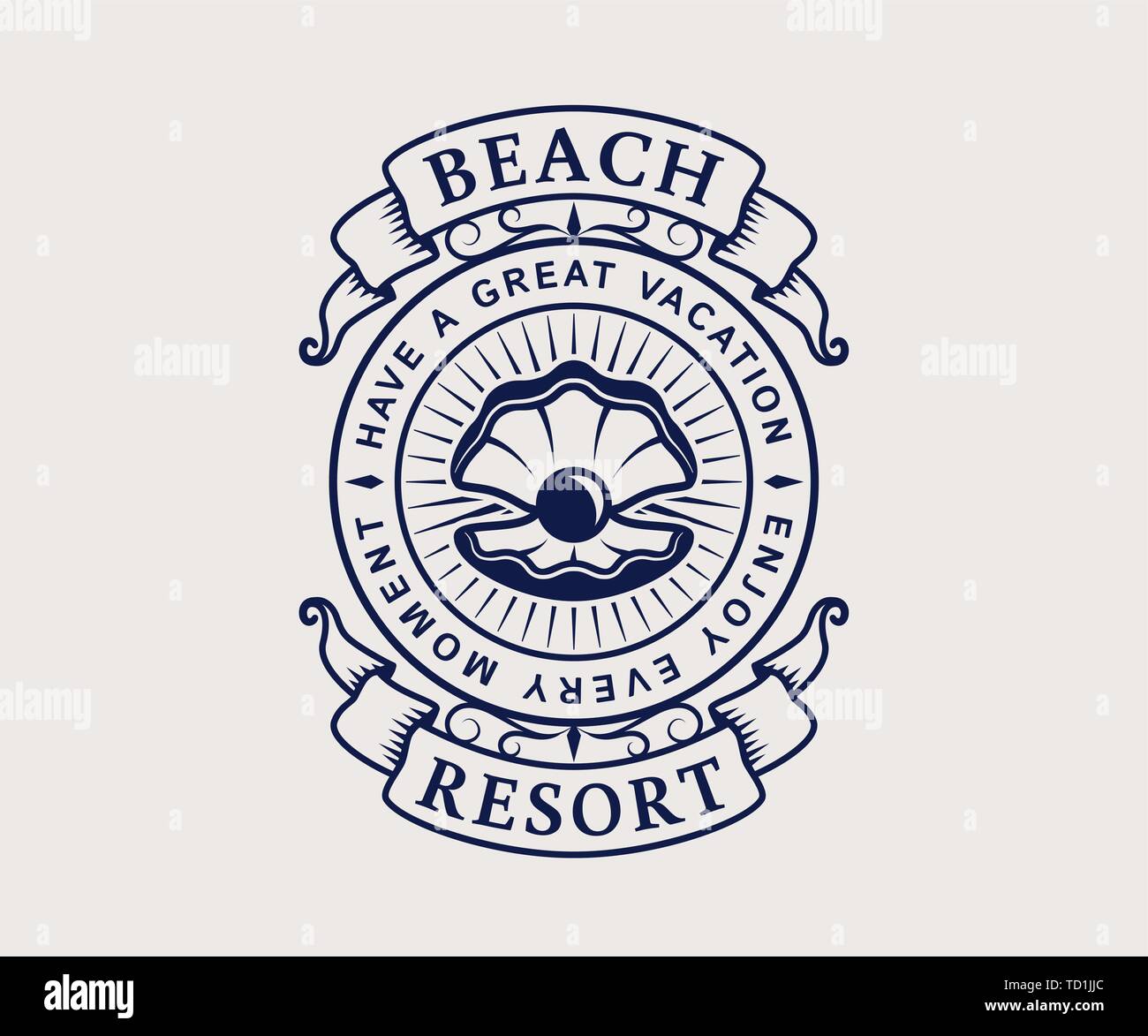 Beach resort logo con conchiglia. Elegante emblema vintage isolati su sfondo bianco. Template vettoriale. Illustrazione Vettoriale
