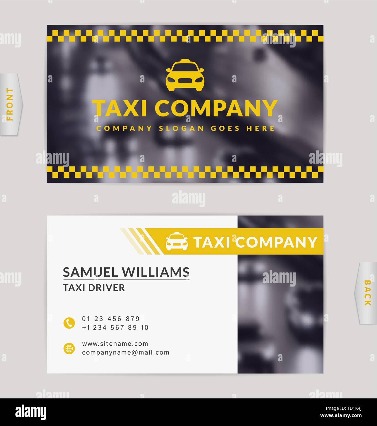 Business card design con sfondo sfocato. Elegante template vettoriale per la compagnia di taxi. Illustrazione Vettoriale