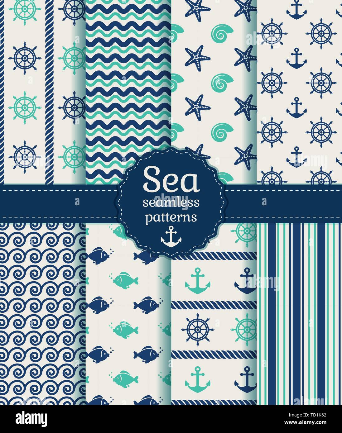 Set di mare e nautica seamless patterns in bianco, turchese e colori blu scuro. Illustrazione Vettoriale. Illustrazione Vettoriale