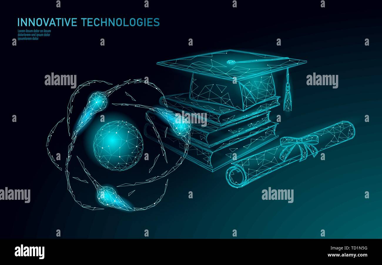 E-learning laureato a distanza tramite smartphone. Programma di certificazione concetto. Bassa poli 3D render cappuccio di graduazione design moderno modello di pagina di intestazione. Internet Illustrazione Vettoriale