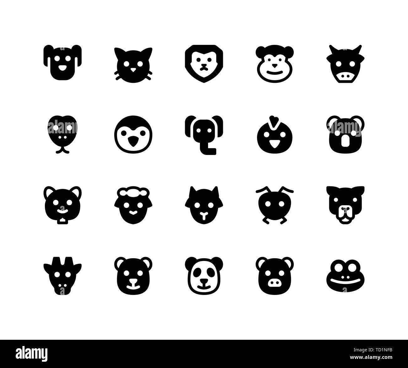 Semplice insieme di animale faccia correlata vettore icone glyph. Contiene le icone come cane, gatto, lion, scimmia, latte di mucca e di più. pixel perfette icone vettoriali basati su Illustrazione Vettoriale