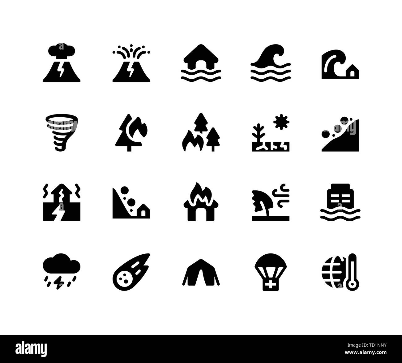 Semplice insieme di disastro vettore correlati glifo icone. Contiene le icone come vulcano, eruzione, inondazione, wave, tsunami e più. pixel perfette icone vettoriali Illustrazione Vettoriale