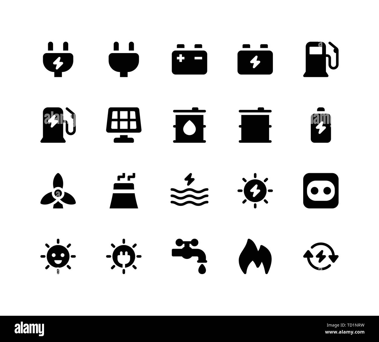 Semplice insieme di energia correlati glifo vettore icone. Contiene le icone come tappo, batteria, gas, energia solare, olio, Sun e altro ancora. pixel perfette icone vettoriali basati Illustrazione Vettoriale