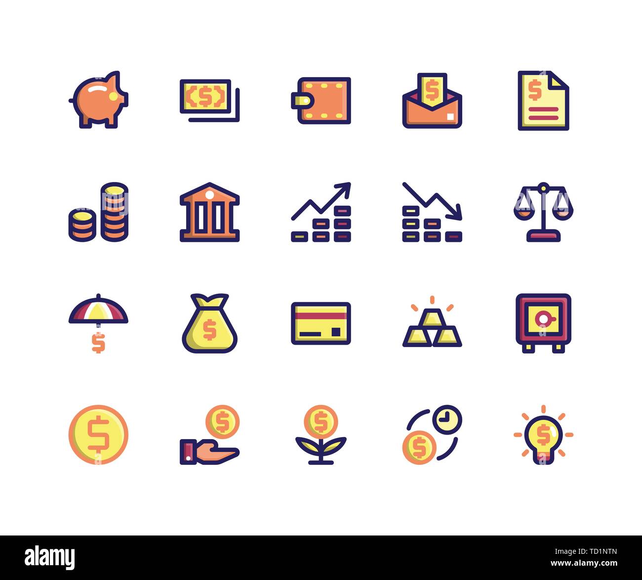 Semplice insieme di Finanziaria vettore correlati riempito le icone della linea. Contiene le icone come piggy, denaro, portafogli, Bill, monete e più. pixel perfetta icona vettore Illustrazione Vettoriale