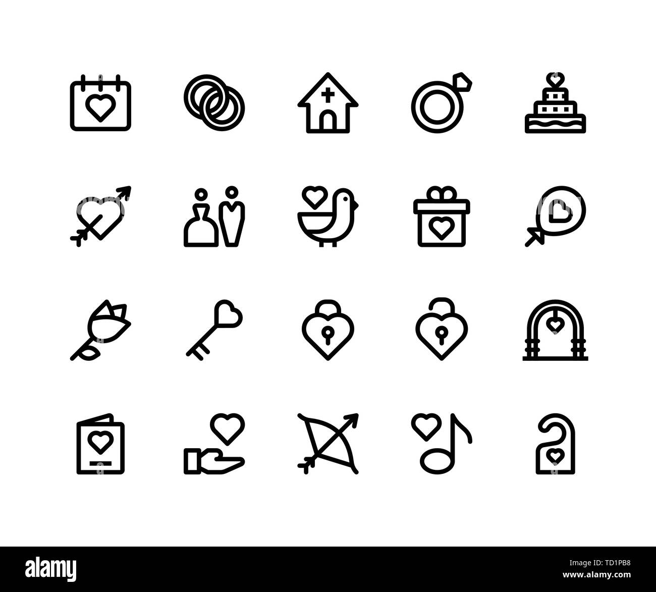 Semplice insieme di nozze vettore correlati le icone della linea. Contiene le icone come data, anello, chiesa, torta, arco e più. pixel perfette icone vettoriali basati su 3 Illustrazione Vettoriale