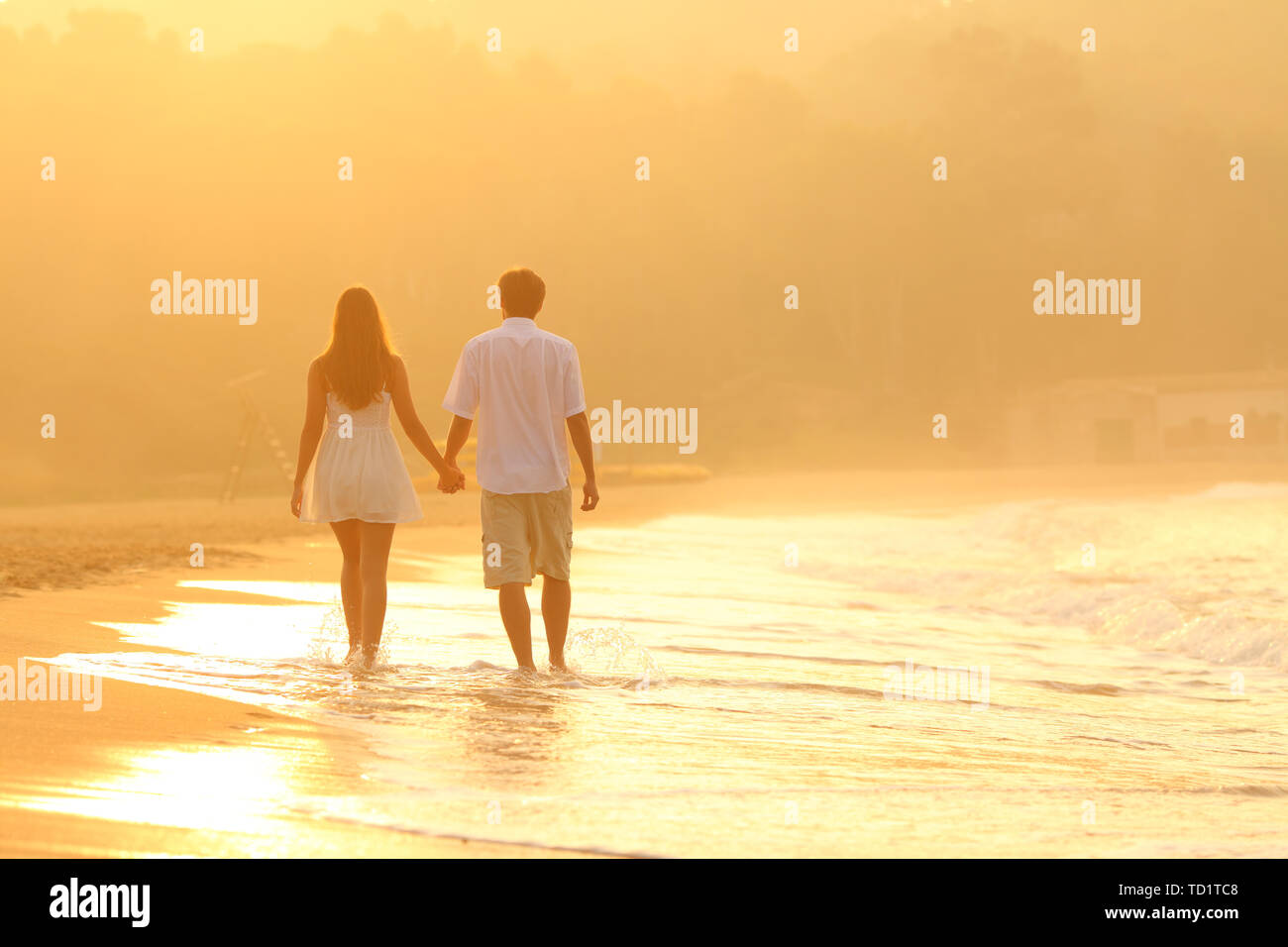 Vista posteriore di una coppia felice tenendo le mani al tramonto camminando sulla spiaggia Foto Stock