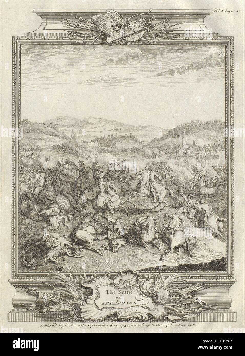 La battaglia di Straffard. Battaglia di Staffarda 1690, Italia 1736 antica stampa Foto Stock