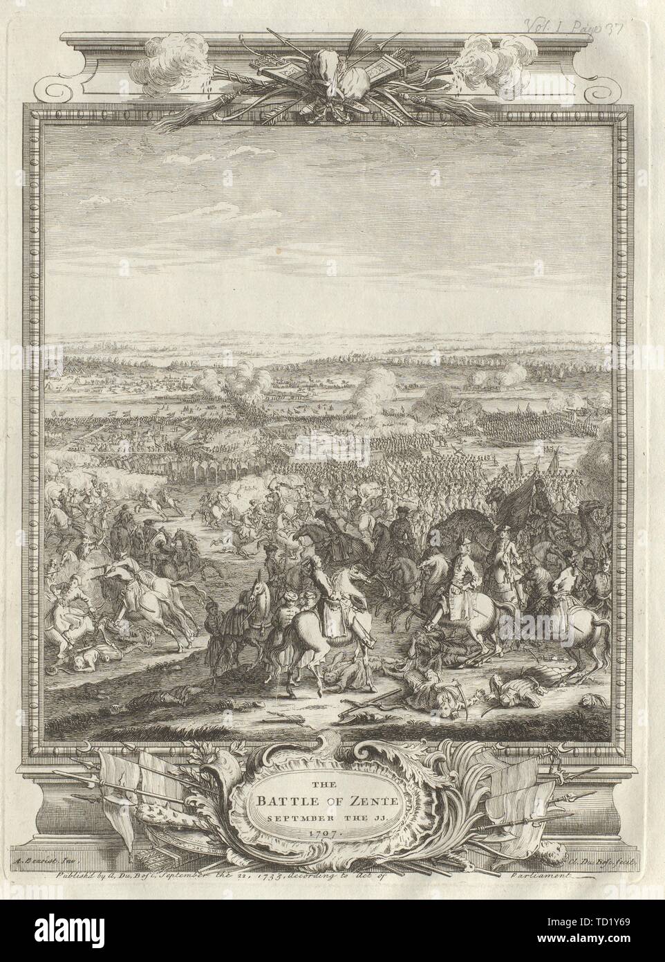 La battaglia di Zente Settembre 11, 1707 [ma 1697], Serbia 1736 antica stampa Foto Stock